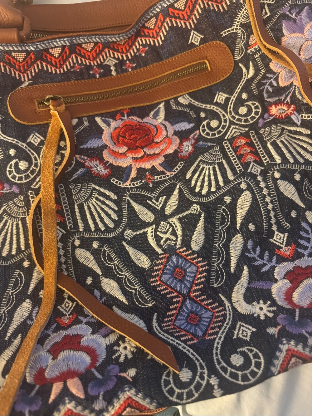 Johnny Was Navy Denim Embroidered Floral Weekender Bag with Brown Trim - Picture 8 of 13